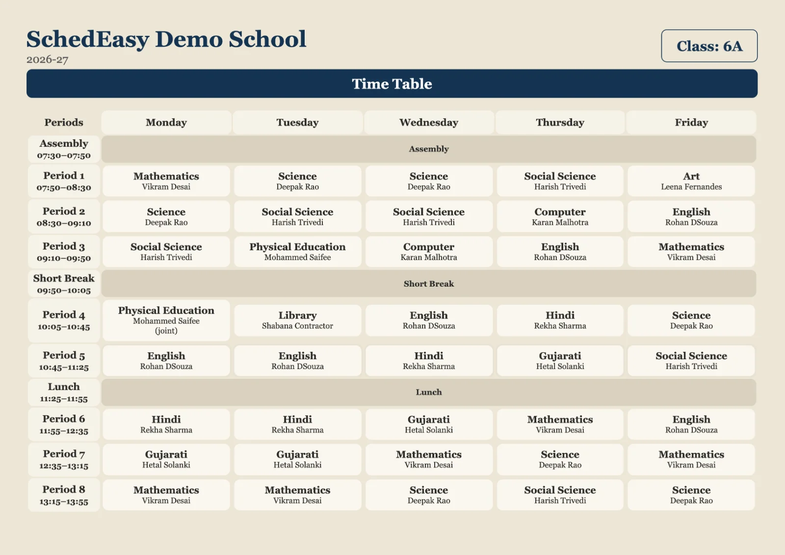 A printed A4 class timetable for 6A