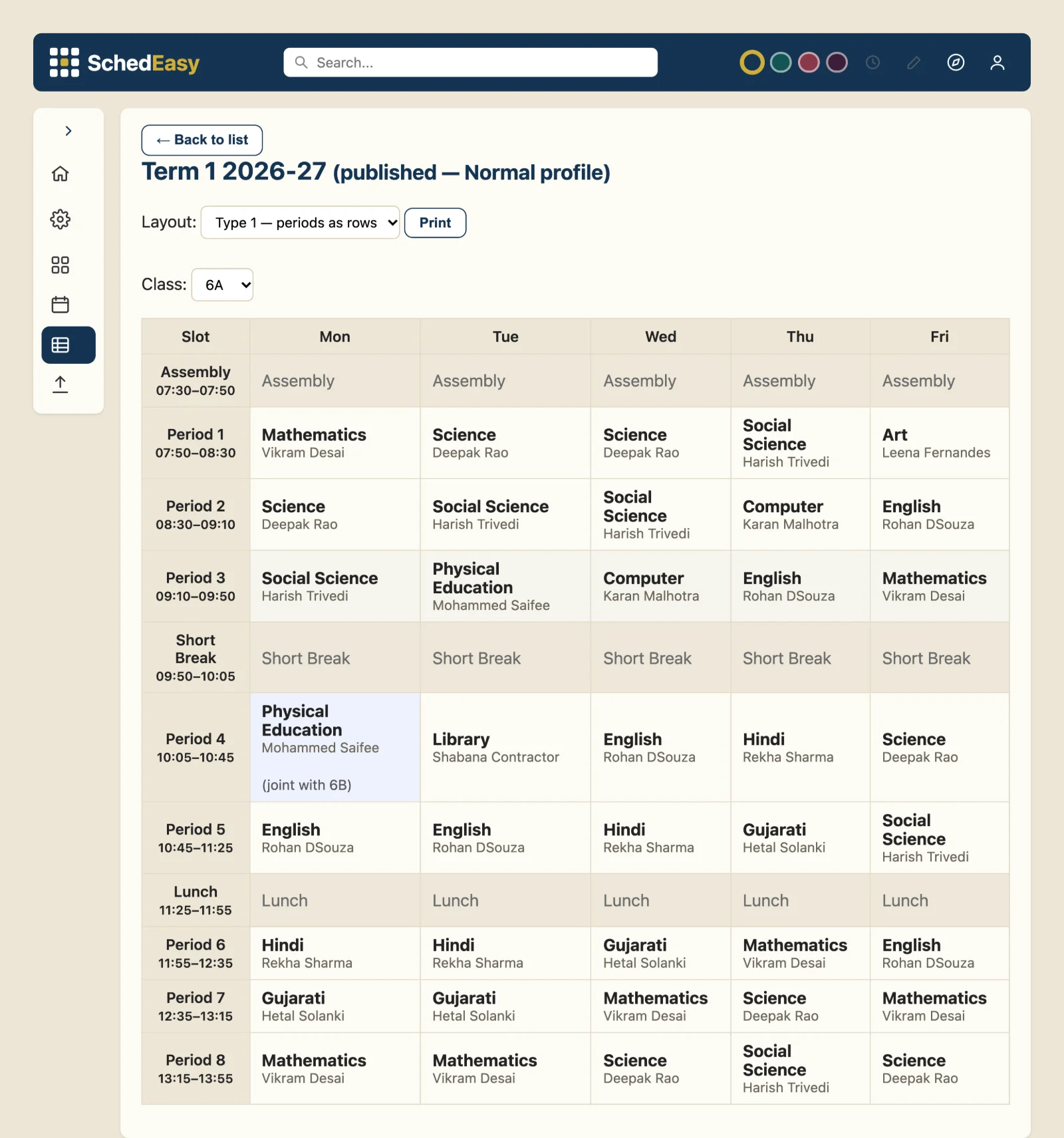 A generated weekly timetable for class 6A, with subjects and teachers for every period